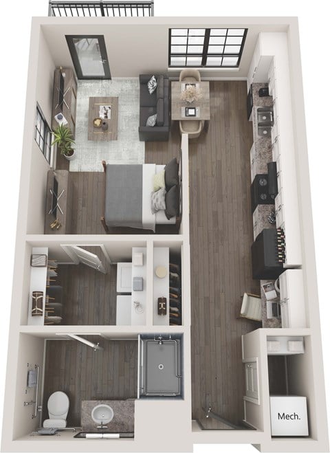 Floor plan for 1 bed, 1 bath, 530 sqft